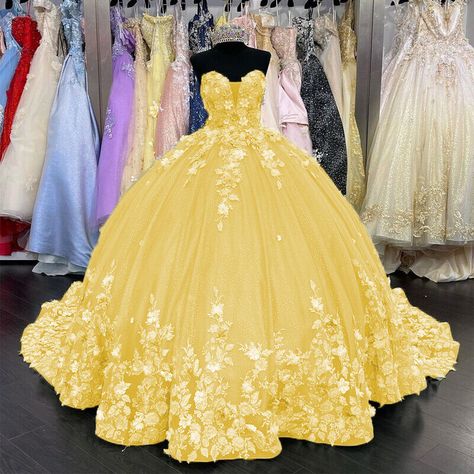 Yellow Quinceanera Dress Mexican, Quinceanera Dresses Yellow, Yellow Quinceanera, Yellow Quinceanera Dress, Princess Quinceanera Dresses, Flower Corset, Quinceanera Dresses Mexican, Quince Stuff, Quinceanera Ideas