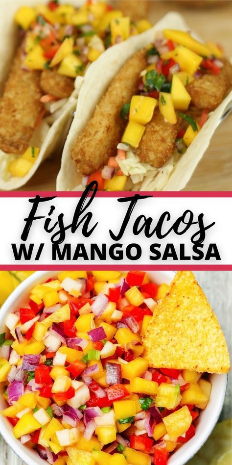 Fish Tacos with Mango Salsa are the perfect combination of crispy, tender fish and sweet and spicy salsa. Throw in your favorite veggies and this is one dinner that everyone will love. Fish And Salsa Recipe, Mango Salsa Fish Recipes, Fish Tacos Salsa, Tilapia Mango Salsa, Fish Taco Salsa, Fish Taco Salsa Recipes, Mango Salsa Recipe Fish Shrimp Tacos, Recipes Using Mango Salsa, Fish Taco Mango Salsa