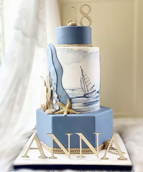 Wedding Cake Ocean, Nautical Birthday Cakes, Marine Cake, Beach Birthday Cake, Fresh Fruit Cake, Little Mermaid Cakes, Nautical Cake, Fondant Cake Designs, Fantasy Cake