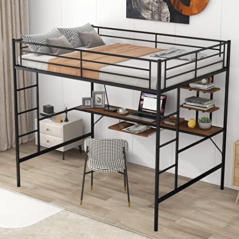 Full Metal Loft Bed Frame with Desk and Storage Shelves, Made of Heavy Duty Steel for Kids Teens Adults - Black Corner Loft, Storage Ladder, Trundle Bed With Storage, Metal Loft Bed, Loft Bed With Desk, Loft Bed Frame, Space Saving Beds, Bed With Desk, Twin Size Loft Bed