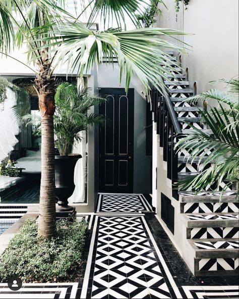 Green Inspo, Moroccan Houses, Riad Marrakech, Aesthetic Space, Mediterranean Decor, Colonial Decor, Black And White Tiles, Siem Reap, Outdoor Tiles