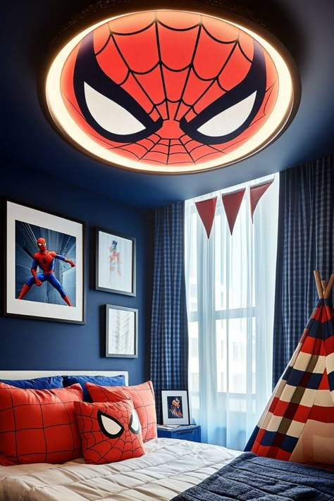 spiderman bedroom With Great Power Comes Responsibility, Spider Man Bedroom Ideas, Marvel Boys Bedroom, Marvel Boys Room, Spiderman Room Ideas, Marvel Bedroom Ideas, Boys Superhero Bedroom, Boys Bed Room, Spider Man Room