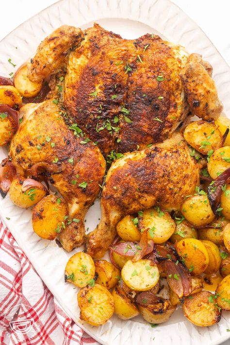 Chicken Under a Brick Brick Recipe, Brick Chicken, Chicken In A Skillet, Pimento Peppers, Cooking A Whole Chicken, Dutch Oven Roast Chicken, Chicken Under A Brick, Grilled Dinner Recipes, Pimento Cheese Recipe