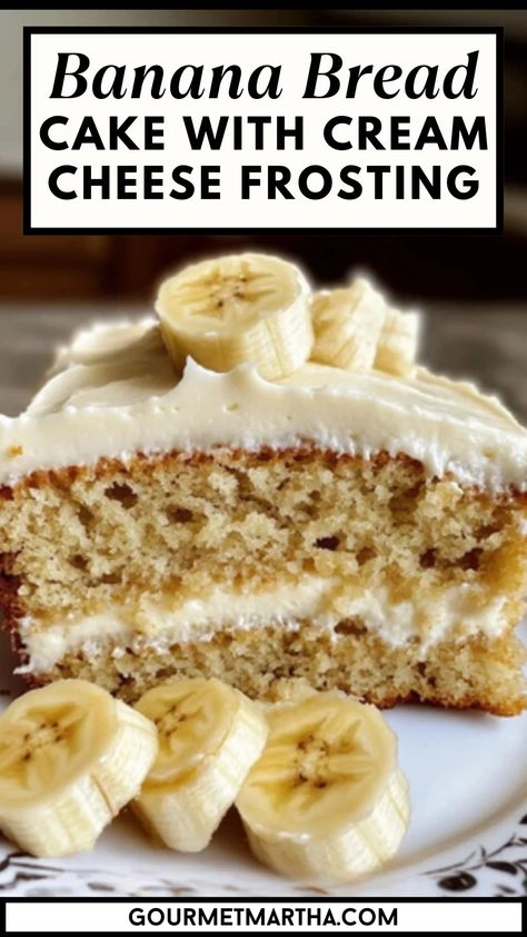 This Banana Bread Cake with Cream Cheese Frosting is the ultimate dessert for banana lovers! It’s moist, fluffy, and packed with rich banana flavor, topped with a luscious layer of creamy frosting that takes it over the top. Perfect for any occasion, from family dinners to special celebrations. Save this recipe for an easy dessert #BananaBreadCake #CreamCheeseFrosting #BananaDesserts #EasyBaking #HomemadeCake #DessertLovers #BakingFromScratch #MoistCake #BananaRecipe #SweetTreats Crazy Banana Cake With Cream Cheese, Banana Bread Cake With Cream Cheese Icing, Cream Cheese Frosting For Banana Cake, Banana Bread Cake With Cream, Banana Bread Cake With Cream Cheese, Banana Bread Cream Cheese Frosting, Banana Bread With Frosting, Banana Cake Cream Cheese Frosting, Banana Bread Cake With Cream Cheese Frosting