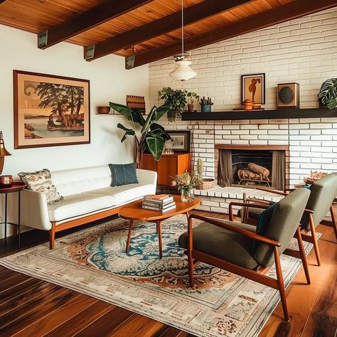 Midcentury Modern Lounge Room, Modern Cabin Living Room Ideas, Mid Century Modern Fireplace Decor, Midmod Living Room, Mcm Living Room With Fireplace, Mid Century Inspired Living Room, Small Mid Century Living Room, Mid Century Modern Living Room Fireplace, Mid Century Small Living Room