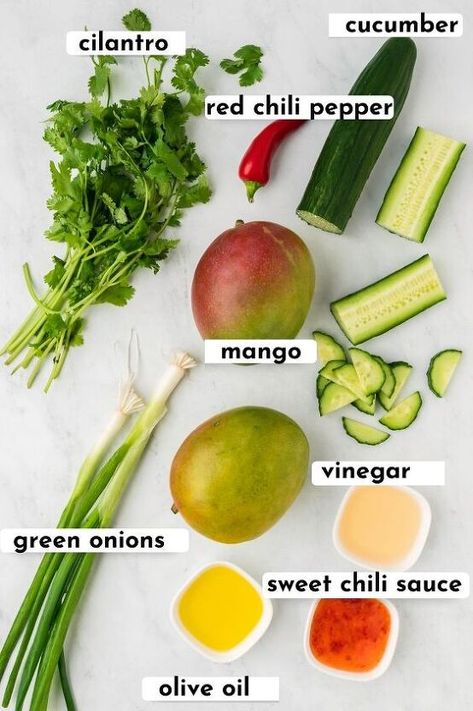 Cucumber And Mango Salad, Mango And Cucumber Salad, Fresh Salad Recipes Summer, Thai Mango Salad Recipe, Mango Cucumber Salad, Stew Beef Chili, Mango Salad Recipe, Thai Mango Salad, Cucumber Mango