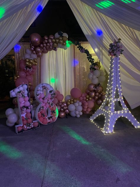 Balloon Arch Pink, Diy Eiffel Tower, Theme Birthday Decoration, Mosaic Numbers, Paris Birthday Theme, Paris Inspired Decor, Prom Themes, Parisian Theme, Paris Theme Party