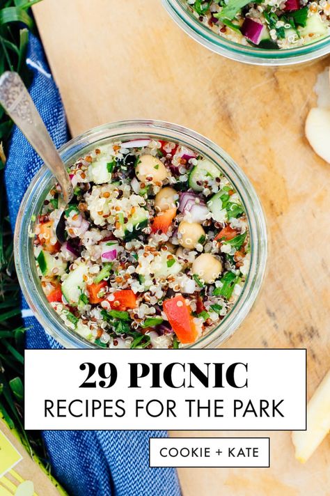 Find 29 perfect picnic recipes here! These recipes are fresh, vegetarian and satisfying. They are all portable and perfect for the park! #picnic #recipes #vegetarian #healthy #cookieandkate Cold Picnic Foods, Vegetarian Picnic, Picnic Appetizers, Picnic Salads, Healthy Picnic Foods, Vegan Picnic, Easy Picnic Food, Healthy Picnic, Summer Picnic Food