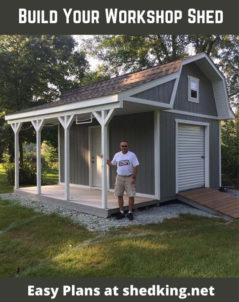 Build your own diy workshop with these easy to use barn plans that make the perfect workshop.  Lots of storage in the loft, 12x16 workshop area, and nice side porches and roll up shed door will provide you with a neat area to build all your projects for years to come. All my shed plans come complete with building guide, detailed blueprints, materials list, and email support.  Download your shed plan today and start building tomorrow. How To Build Shed, Small Barn Plans, Build Shed, Backyard Workshop, Sheds Ideas Backyard, Shed With Loft, Shed With Porch, Workshop Shed, Shed Door