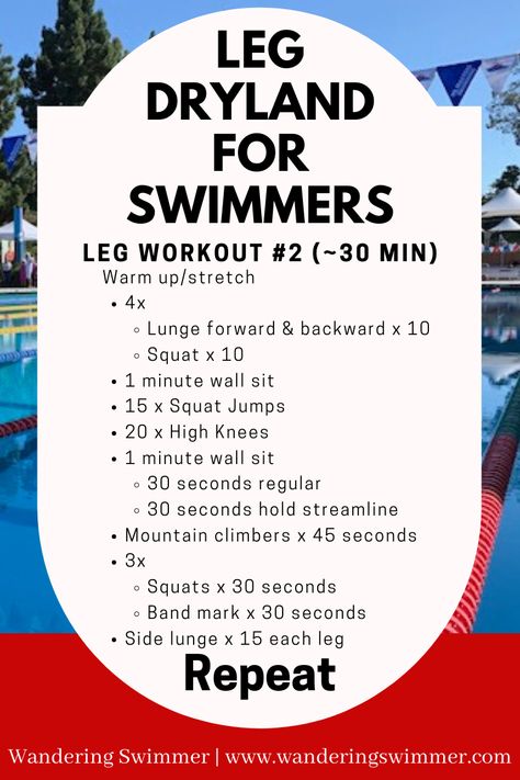 You don't need a kick set in the pool to work your legs. This workout will get your legs burning and your heart rate up! Leg Workouts For Swimmers, Swim Workout Dryland, Lifeguard Workout Training, Gym Workout For Swimmers, Exercise For Swimmers, Swimming Dryland Workout Exercises, Dry Land Workouts For Swimmers, Arm Workout For Swimmers, Swimmer Workout Dryland