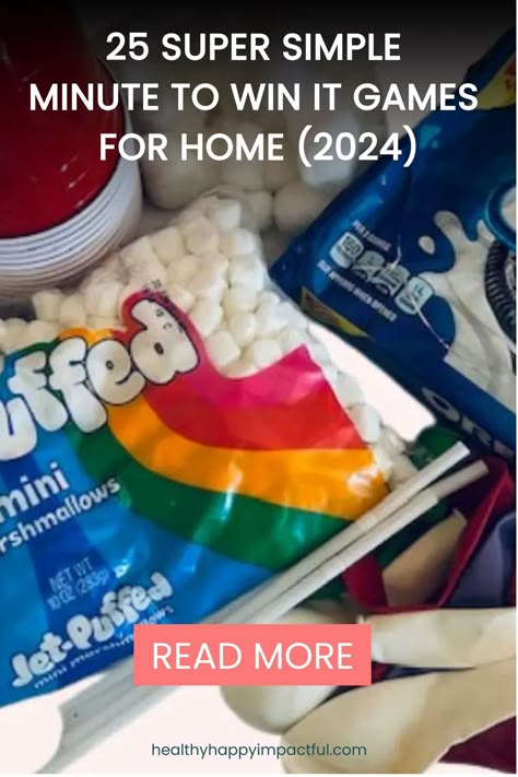 "Two bags of Jet-Puffed marshmallows surrounded by game supplies with text overlay: '25 Super Simple Minute to Win It Games for Home (2024)'. Read more." Easy Prep Minute To Win It Games, Games To Play At Boys Birthday Party, Easy Game Ideas For Adults, Minute To Win It Chopstick Game, Birthday Party Minute To Win It Games, Family Activity Games, Teenage Minute To Win It Games, Minute To Win It Games With Marshmallows, Minute To Win It Food Games