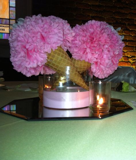 Ice cream themed wedding with real waffle cones and a fantastic bloom as alternating table centerpiece.  #Perfect Ice Cream Floral Arrangement, Ice Cream Cone Decorations, Fire And Ice Theme, Diy Ice Cream Cone, Scoop Gender Reveal, Ice Cream Social Party, Ice Theme, Ice Cream Party Ideas, Ice Cream Decor