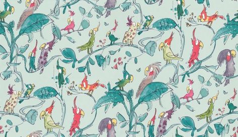 Cockatoos by Quentin Blake for Osborne and Little Quentin Blake Wallpaper, Osborne And Little Wallpaper, Eclectic Wallpaper, Quentin Blake, Turquoise Wallpaper, Nina Campbell, Wallpaper Direct, Roald Dahl, Wallpaper Online