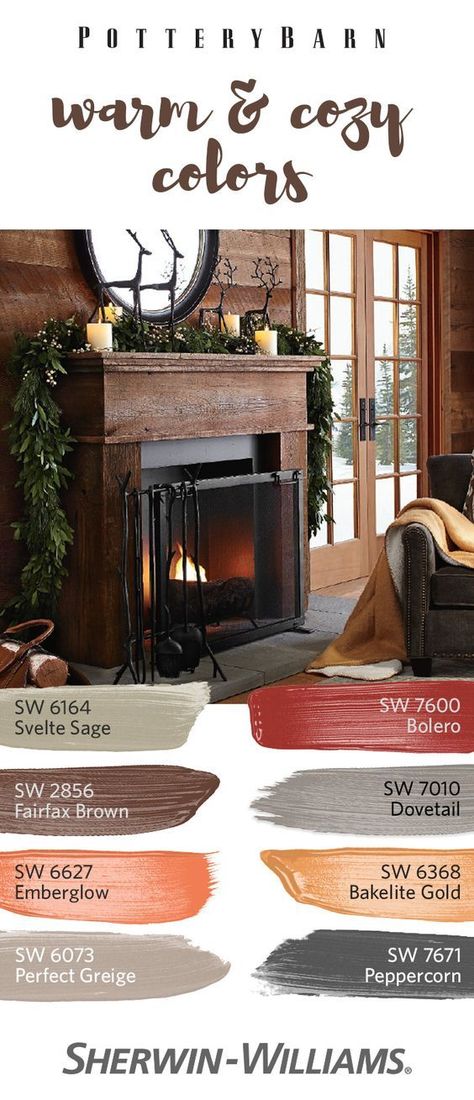 Create a warm and cozy vibe in your home with a color palette inspired by Pottery Barn’s 2016 Winter Collection. Bring together earthy browns like Fairfax Brown 2856, warm neutrals like Perfect Greige SW 6073  and cheery reds like Bolero SW 7600 to create a warm and cozy look that will pair well with your favorite Pottery Barn pieces and last all season long. Cozy Colors, Living Room Warm, Decor Ikea, Trendy Living Rooms, Room Paint Colors, Casa Exterior, Bedroom Color Schemes, Brown Living Room, Interior Paint Colors