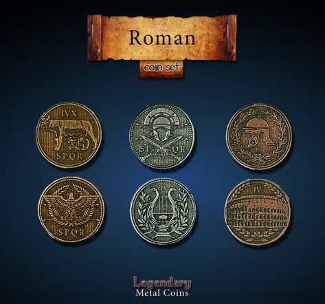 Fantasy Currency, Game Place, Currency Design, Copper Coins, Roman Coins, Coin Set, Ancient Cultures, Ancient Romans, Gold Coins