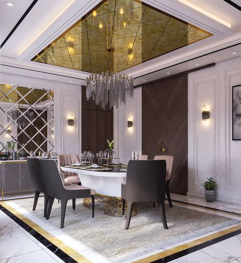 NeoClassic Dining on Behance Mirror False Ceiling Design, Mirror Ceiling Design, Royal Dining Room, Tv Lounge Design, Dining Ceiling, Art Deco Style Interior, Flooring Pattern, Mirror Ceiling, House Ceiling Design