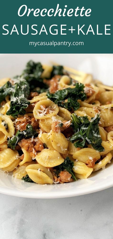 Orecchiette with Sausage and Kale - four ingredients are all you need to prepare this satisfying weeknight meal. This blend of pasta, meat, and vegetable can be customized to your taste or based on what's in your pantry. Italian Food Sides, Dinner Ideas Italian, Italian Dinner Ideas, Dinner Recipes Italian, Orecchiette Pasta Recipes, Sausage Kale Pasta, Kale Pasta Recipe, Orecchiette With Sausage, Best Italian Dishes