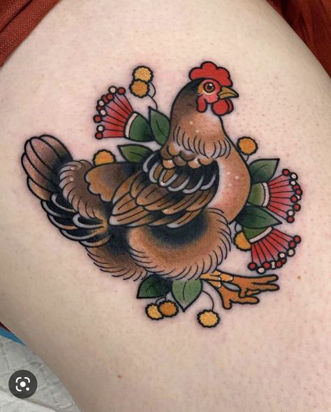 Hen Tattoo Designs, American Traditional Chicken Tattoo, Traditional Chicken Tattoo, Chicken Tattoos For Women, Egg Design Ideas, Chicken Tattoo Ideas, Teeny Tattoos, Traditional Bird Tattoo, Hen Tattoo