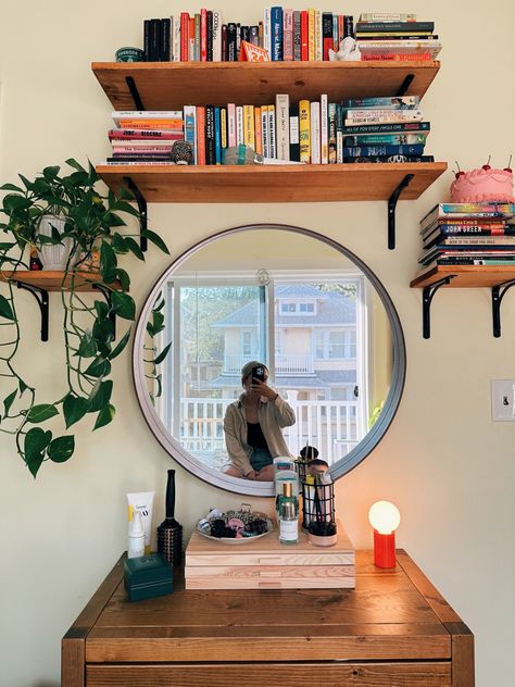 diy hanging bookshelves IKEA mirror modern home design Mini Bookshelf On Wall, Floating Shelves Around Mirror, Mirror With Floating Shelves, Bookshelf Mirror, Mirror Bookshelf, Wall Bookshelves Bedroom, Floating Bookshelves Bedroom, Redoing Bedroom, Bookshelves Ikea