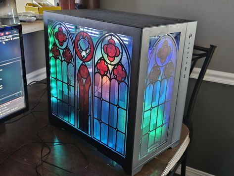 Custom Computer Case, Stain Glass Window Art, Custom Computer, Glass Window Art, Custom Pc, Pc Desk, Computer Room, Gaming Room Setup, Pc Case