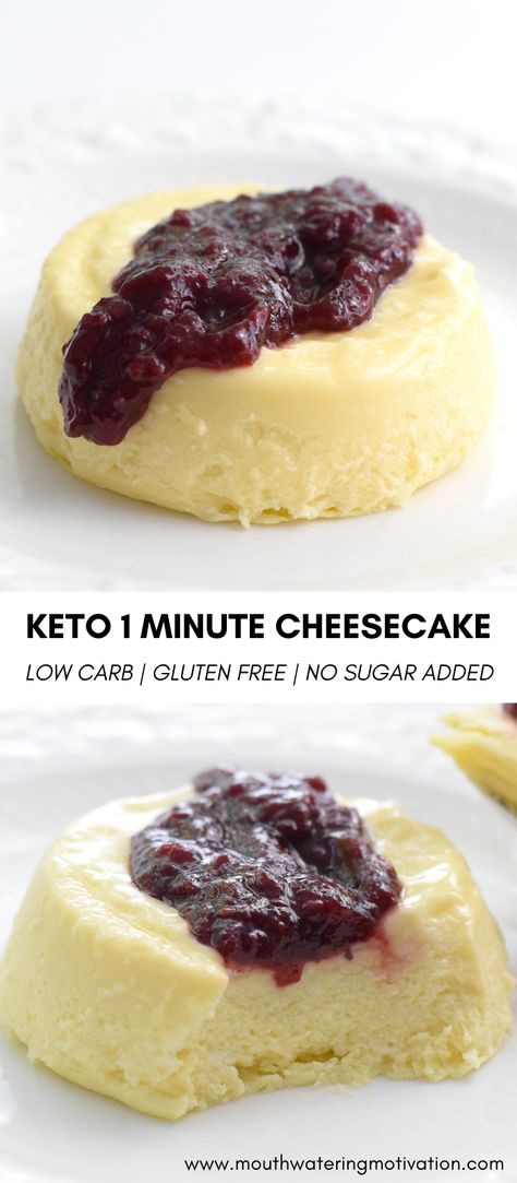 Keto 1 Minute Cheesecake. Soft, creamy, rich keto cheesecake ready in a minute or less. This keto cheesecake is made in a mug using the microwave. It also only uses 5 ingredients! Top with homemade strawberry sauce, raspberry preserves or whatever you'd like. Either way it's delicious! Cheesecake In A Mug, Keto Lasagna, Desserts Keto, Postre Keto, Keto Mug Cake, Keto Cake, Keto Dessert Easy, Low Carb Sweets, Mug Recipes