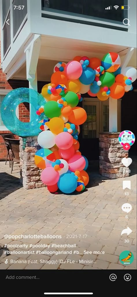 2 Year Birthday Pool Party, 1st Pool Birthday Party, Pool Party Table Centerpiece Ideas, Splash Into Summer Party, Floating Balloons In Pool Party Ideas, Fun In Sun Birthday Party, Summer Kid Birthday Ideas, Backyard Pool Birthday Party, Balloon Arch With Beach Balls