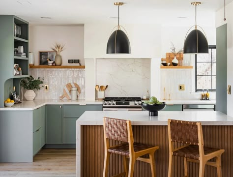 A California Cool Two-Tone Kitchen – Semihandmade White Shaker Cabinet, California Bungalow, Two Tone Kitchen, Mid Century Modern Kitchen, Green Cabinets, London Apartment, California Cool, Colonial House, Modern Dining Room