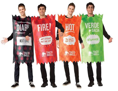 Taco Bell Hot Sauce Packet Halloween Costumes Hot Sauce Costume, Taco Bell Hot Sauce, Taco Halloween Costume, Funny Group Costumes, Inexpensive Halloween Costumes, Taco Bell Sauce, Taco Costume, Mirror Mask, Best Friend Costumes