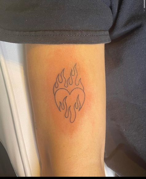 Flame Stomach Tattoo, Love Heart Fire Tattoo, Heart W Flames Tattoo, Hear On Fire Tattoo, Small Heart On Fire Tattoo, Love Heart Flame Tattoo, Fire And Heart Tattoo, Fire Tattoo Women, Small Flaming Heart Tattoo