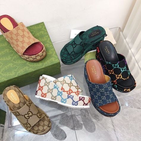 Dm to order yours worldwide shipping available. Gucci Wedges, Designer Wedges, Girly Bags, Designer Slippers, Womens Sandals Wedges, Women's Mules, Casual Slippers, Girl Stuff, Gucci Shoes