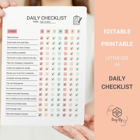 ✅ Stay on Track with Our Daily Checklist! ✅ Make your day more productive and organized with our Daily Checklist printable! Perfect for anyone looking to stay consistent with daily tasks and build healthy habits. With sections for each day of the week, you can easily check off completed tasks and track your progress. 📝 Features: • Editable and printable in Letter size & A4 • Organize tasks across the week • Great for daily routines, habit tracking, and goal-setting Whether it’s for wor... Weekly Task Planner, Routine Weekly, Weekly Checklist, Task Planner, To Do List Daily, Small Habits, Planner Habit Tracker, Weekly To Do List, Evening Rituals