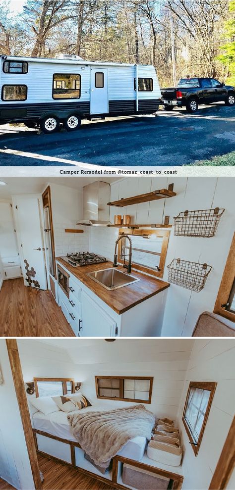 Tour this family-friendly camper remodel that includes a DIY epoxy shower Camper Renovation Outside, Renovating Camper On A Budget, Camper Master Room Remodel, Camper Farmhouse Remodel, Camping Trailer Renovation, Camper Diy Ideas Rustic, Can Over Camper Remodel, 26ft Camper Remodel, Unique Trailer Remodel