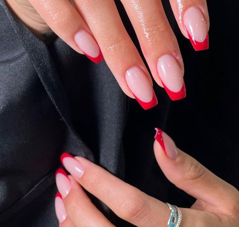 Red Tips Coffin Shape, Coffin Nails Red French Tip, Red V Shape French Tip Nails, Red Nails Ballerina Shape, Red French Tip Nails Ballerina, Red Coffin French Tip Nails, Red French Tip Coffin, Red French Tip Nails Coffin, Red French Tip Nails Square