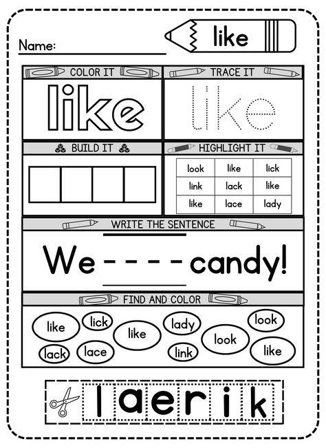 Use this free printable like sight word worksheet to explore a world of interesting ways to learn to read and write! This free worksheet combines creative thinking with effective practice, making it perfect for young kindergarten students. If you want to see your child's reading and writing skills take off, download it right away! Sight Word With Worksheet, First Grade Ela Worksheets Free Printables, Writing Activities For Kindergarten Free, Is Sight Word Worksheet, Teaching Site Words Kindergarten, Like Sight Word Worksheet, Sight Word Journal Kindergarten, Kindergarten Worksheets Free Printables Morning Work, Sight Word Like Worksheet Free Printable