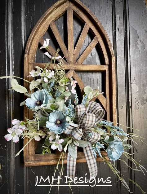 Spring Church Decor, Victorian Wreath, Picture Frame Wreath, Decorative Wreaths, Church Window, Window Wreath, Creative Wreaths, Cathedral Window, Fall Grapevine Wreaths