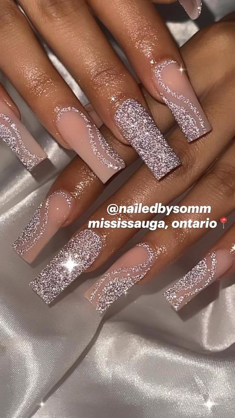 New Years Acrylic Nails, Gold Glittery Nails, Sliver Nails, Sparkly Acrylic Nails, Silver Acrylic Nails, Rave Nails, Prom Nails Silver, Hoco Nails, Reflective Nails