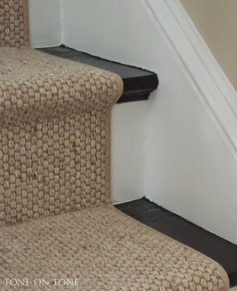 There are also wool and sisal blends that look like sisal but are not slippery. This is called a Hollywood installation. It wraps tightly around the stair tread. With most stair runners, there should be about 3-6″ of wood showing. More than 8″ and it begins to look funny unless it’s a super wide staircase. But please no  six foot wide staircases with a 27″ wide runner. Big Area Rugs, Carpeted Stairs, Stairs Carpet, Stairs Runner, Staircase Runner, Beautiful Stairs, Staircase Makeover, Basement Stairs, Painted Stairs