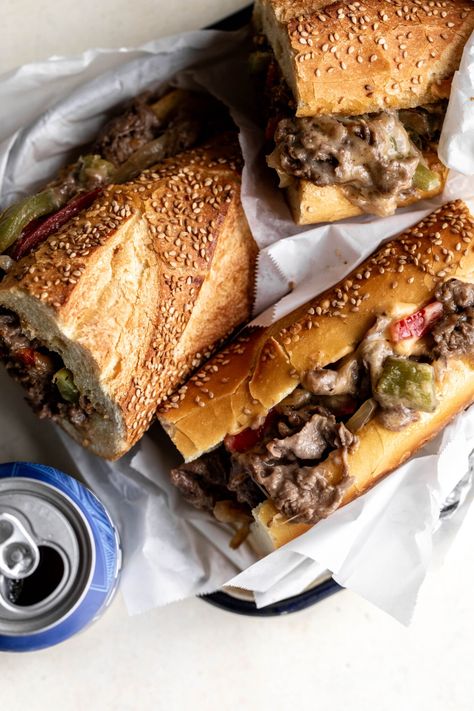 Philly Cheesesteak Recipe - Cooking with Cocktail Rings Philly Cheese Steak Sandwich Recipe, Philly Cheesesteak Sandwiches, Steak Peppers, Philly Cheesesteak Recipe, Cheesesteak Sandwiches, Italian Rolls, Cheesy Dips, Philly Cheese Steak Sandwich, Steak Sandwich Recipes