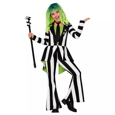 Kids Beetlejuice Striped Jumpsuit Costume - Spirithalloween.com Girls Beetlejuice Costume, Women’s Beetlejuice Costume Diy, Beetle Juice Costume Female, Beetlejuice Suit, Beetlejuice Outfits, Steampunk Womens Costume, Beetlejuice Party, Beetlejuice Halloween Costume, Disney Baby Costumes