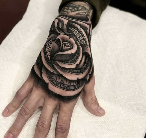 Money Rose Tattoo, Dollar Tattoo, Rose Hand Tattoo, Money Rose, Money Tattoo, Rosen Tattoo, Hand Tattoos For Women, Hand Tattoos For Guys, Badass Tattoos