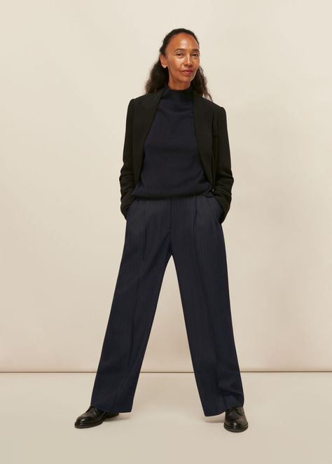 Outfits For Petite Women, Trousers Women Outfit, Outfit For Petite Women, Wide Legged Trousers, Outfits For Petite, Side Stripe Trousers, Petite Woman, Pinstripe Trousers, Navy Trousers