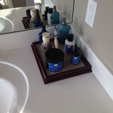 Picture frame turned shave/cologne tray.  Man-pinning. Mens Bathroom Vanity, Mens Cologne Display, Shaving Organization, Men Bathroom Organization, Men’s Bathroom Organization, Cologne Display Ideas, Cologne Collection Display, Mens Furniture, Men Bathroom Decor