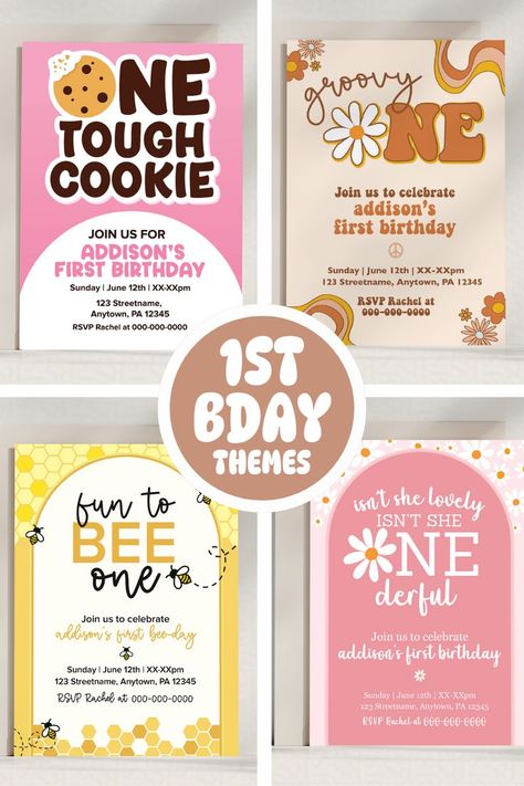 cute first birthday party invite themes for little girl's birthday | One Tough Cookie | Groovy One | Fun to Bee One | Isn't She Onederful Onederful Party Ideas, First Birthday Themes April, Baby First Birthday Party Ideas Girl, Baby’s First Birthday Theme Girl, One Year Birthday Party Themes, One Year Old Birthday Theme Girl, Baby Girl First Birthday Theme Spring, Girls First Birthday Party Themes, March First Birthday Ideas Girl