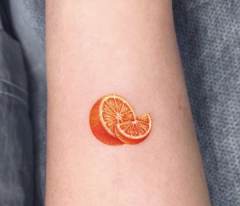 Orange Segment Tattoo, Tiny Fruit Tattoo, Small Orange Tattoo, Lemon Wedge Tattoo, Orange Tattoo Fruit, Orange Tattoos, Orange Tattoo, Fruit Tattoo, Cute Tats