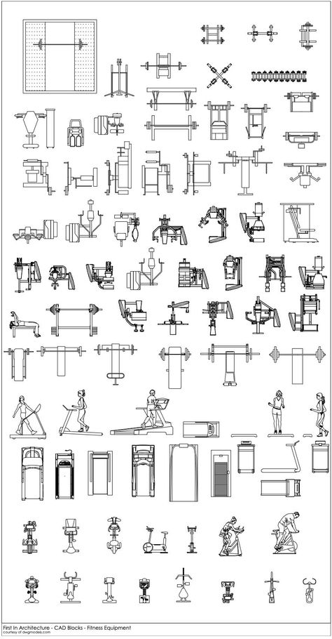 FIA Free Fitness Equipment CAD Blocks - First In Architecture Gym Plan Architecture, Cad Drawing Architecture, Autocad Drawing Architecture, Blueprint Symbols, Gym Architecture, Fitness Equipment Design, Floor Plan Symbols, Stair Design Architecture, Architecture Symbols