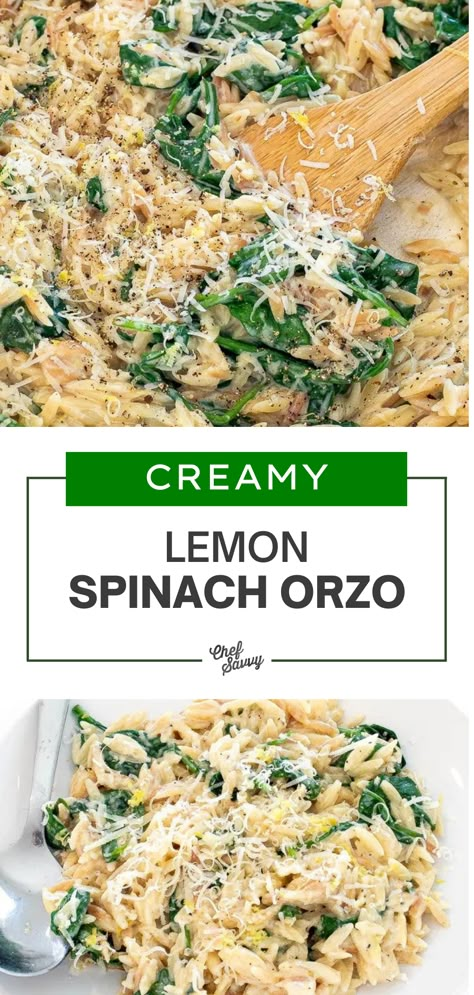 Lemon Spinach Orzo, Creamy Spinach Orzo, Orzo Spinach, Lemon Spinach, Spinach Orzo, Lunch Vegetarian, Orzo Recipe, Orzo Recipes, Pasta Sides