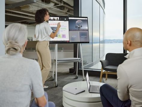 Empowering collaboration in the hybrid workplace with Surface Hub 2S and Surface Hub 2 Smart Camera | Microsoft Devices Blog Smart Meeting Room, Surface Laptop, Surface Pro, People Together, Simplest Form, Microsoft Surface, Meeting Room, The Office, Microsoft