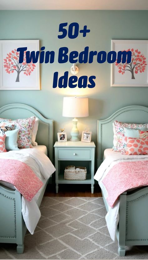 Discover chic twin bedroom ideas! Perfect designs for kids, teens, or adults that maximize space and style. #TwinBedroomIdeas #SharedRoomDecor #BedroomInspo Twin Beds In Living Room, Twin Bed Set Up, Twin Bed With Shelves, Two Twin Beds Pushed Together, Bedroom Double Deck Ideas, Twin Teen Girls Bedroom Ideas, Two Twin Beds In One Room Aesthetic, 3 Twin Beds In One Room Ideas, 2 Full Size Beds In One Room Ideas