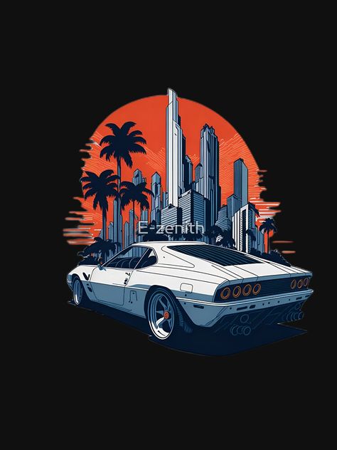 "Artwork-Car in city" T-shirt for Sale by E-zenith | Redbubble | artwork of graphic design t-shirts - flat design of one retro t-shirts - ferrari white t-shirts Graphic Tshirt Design, City Design, White Stickers, Sewing Trim, T Shirt Diy, Retro Cars, Tshirt Design, Iron On Transfer, Car Art