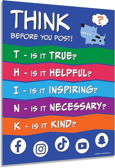 Amazon.com: Think Before You Post Poster - Laminated, 17 x 22 inches - Bullying Posters for Schools - Anti Bullying Posters - Kindness Poster for Classroom - Feelings Poster for Kids - Classroom Poster for Middle : Office Products Ceiling Tile Painting Ideas, Think Before You Click Poster Drawing, Ceiling Tile Painting, Tile Painting Ideas, Poster Drawing Ideas, Kindness Poster, Think Before You Post, Classroom Ceiling, Think Poster